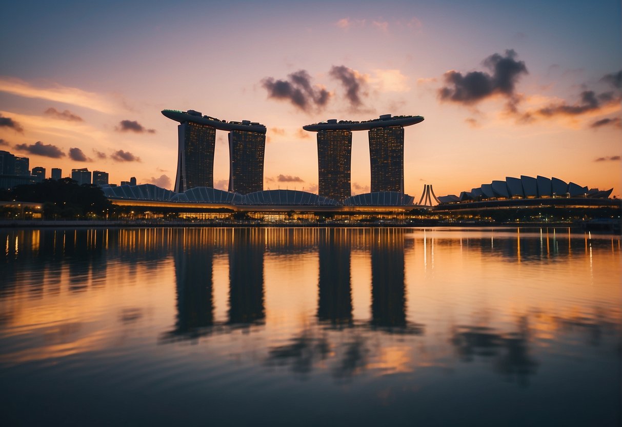 The sun sets over the iconic Marina Bay Sands, casting a warm glow on the bustling cityscape below. The streets are alive with activity as tourists and locals alike enjoy the vibrant nightlife