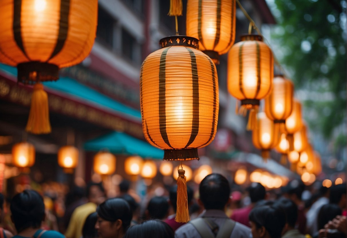 Colorful lanterns hang above bustling streets, as people gather to celebrate cultural events and festivities. The air is filled with the aroma of delicious food and the sound of traditional music, creating a vibrant and lively atmosphere