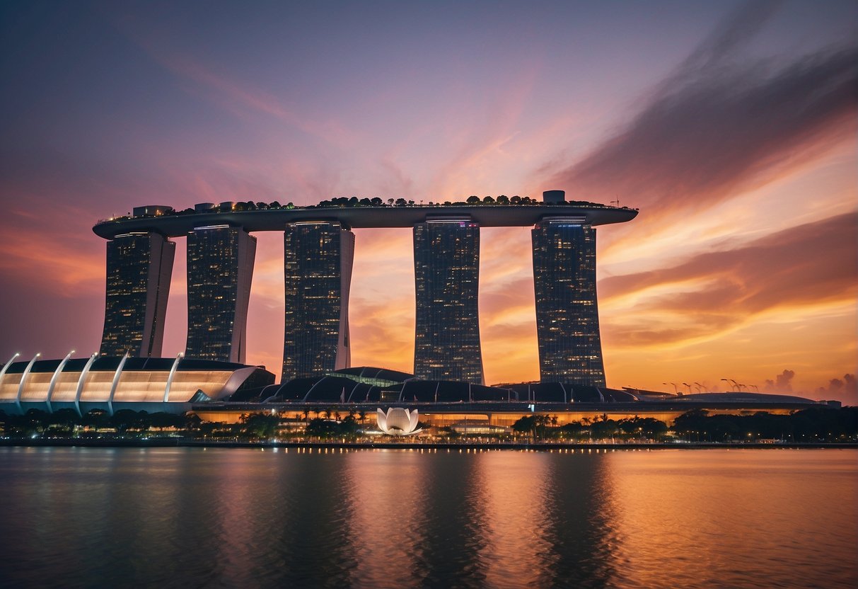 A bustling Singapore cityscape with iconic landmarks and diverse cultural elements, set against a vibrant sunset sky