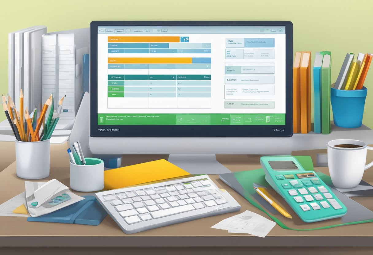 A comparison calculator for building insurance, with various options displayed on a computer screen, surrounded by office supplies and a modern office setting