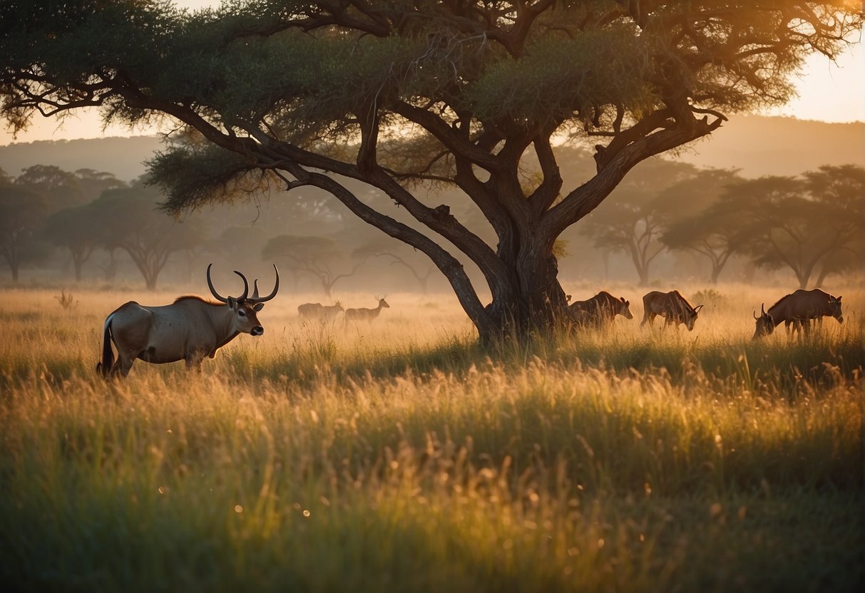 Lush savannah with grazing wildlife, vibrant sunsets, and diverse landscapes