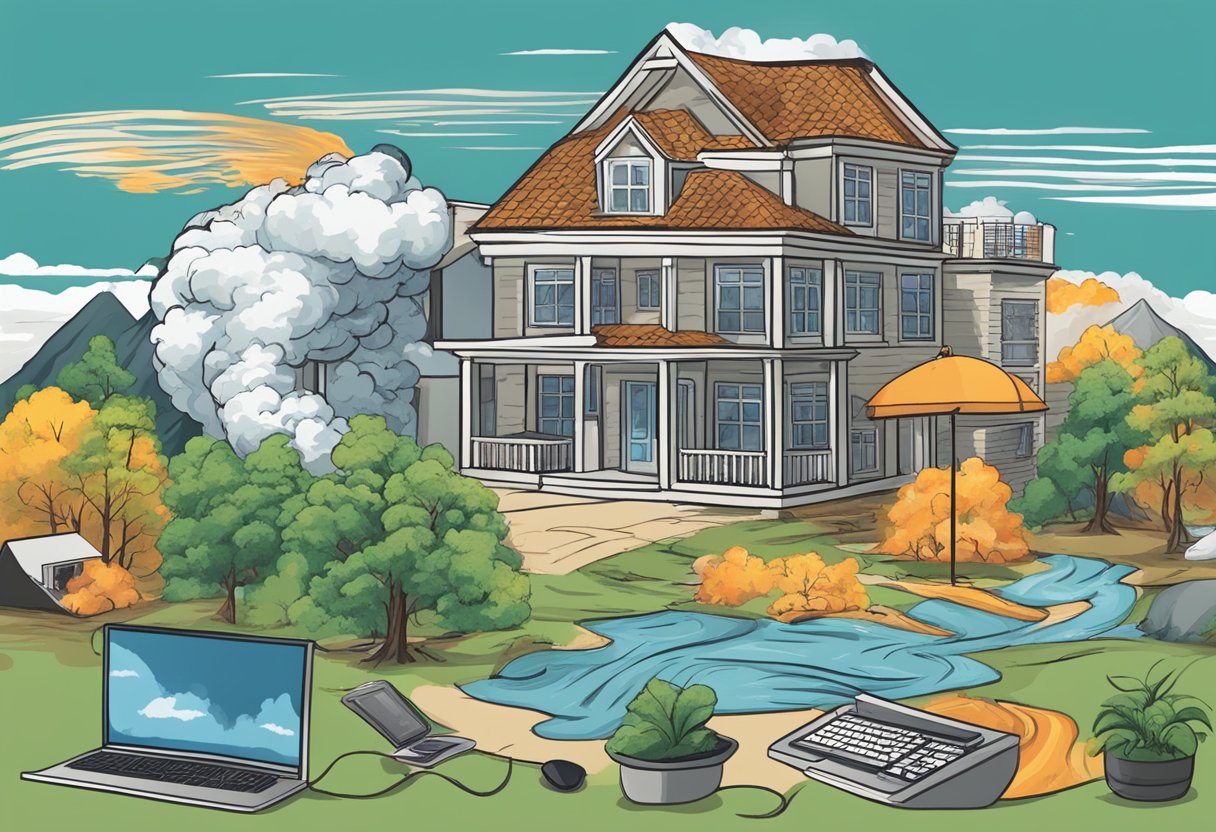 A house surrounded by various natural disasters (fire, flood, storm) while a person uses a computer to compare insurance options