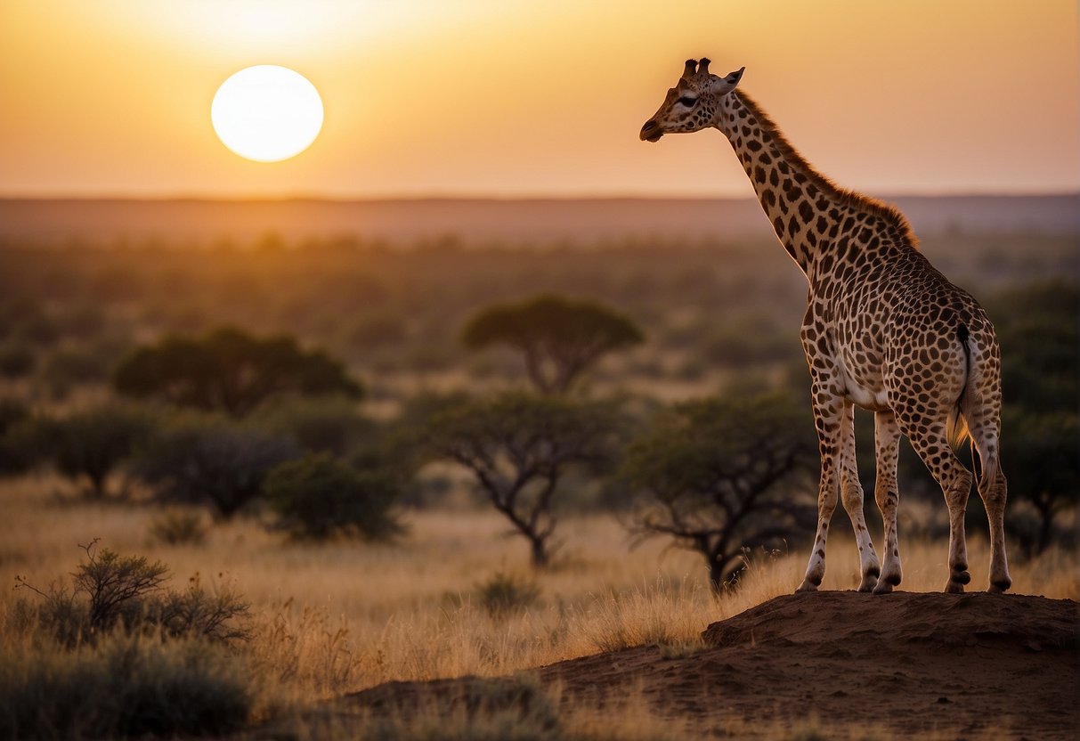 The sun sets over a vast savannah, with wildlife roaming freely. A signpost points to South Africa's diverse attractions