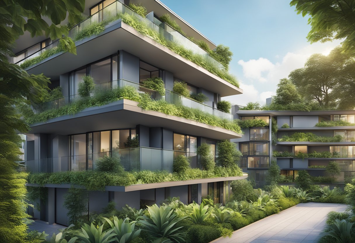 A modern apartment building surrounded by lush greenery and featuring unique architectural details