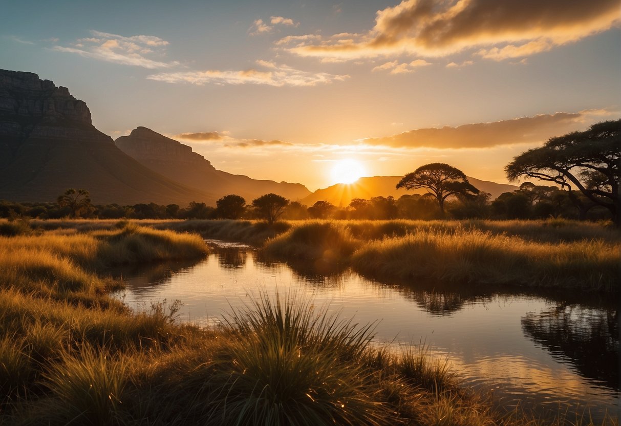 The sun sets behind Table Mountain, casting a warm glow over the savannah. Animals graze peacefully as the vibrant colors of the sky reflect off the calm waters of the nearby river