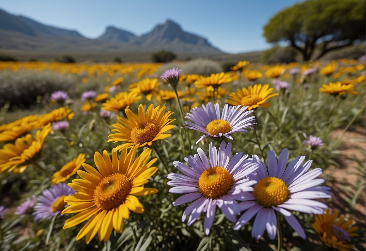 Vibrant landscapes of South Africa in full bloom, with clear blue skies and warm sunshine, creating an inviting and picturesque setting for visitors