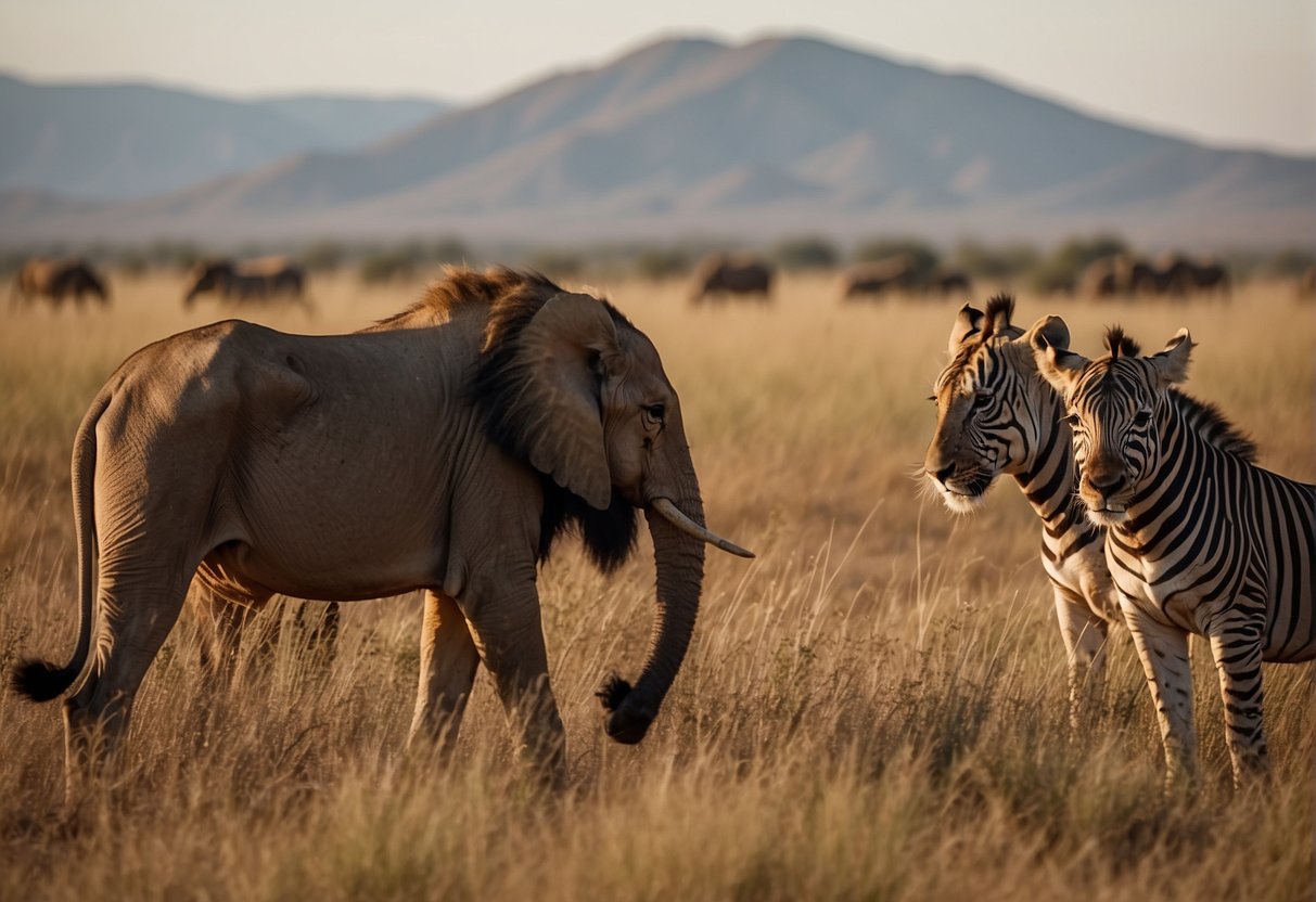Lions roam grassy savannah. Elephants graze near watering hole. Giraffes stretch for leaves. Zebras and wildebeest migrate across the plains