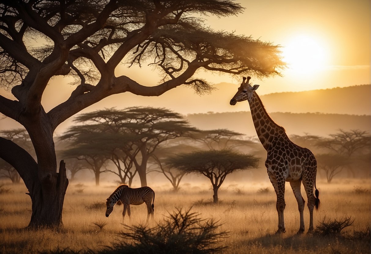 Bright sun over savanna, giraffes and zebras roam freely. Baobab trees stand tall. A lion rests under a shady acacia tree