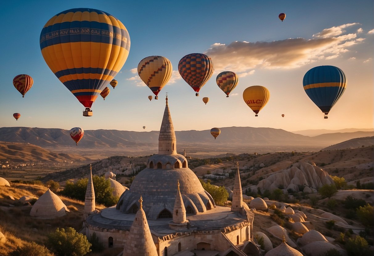 The sun sets over the iconic Blue Mosque as colorful hot air balloons float above the otherworldly landscape of Cappadocia