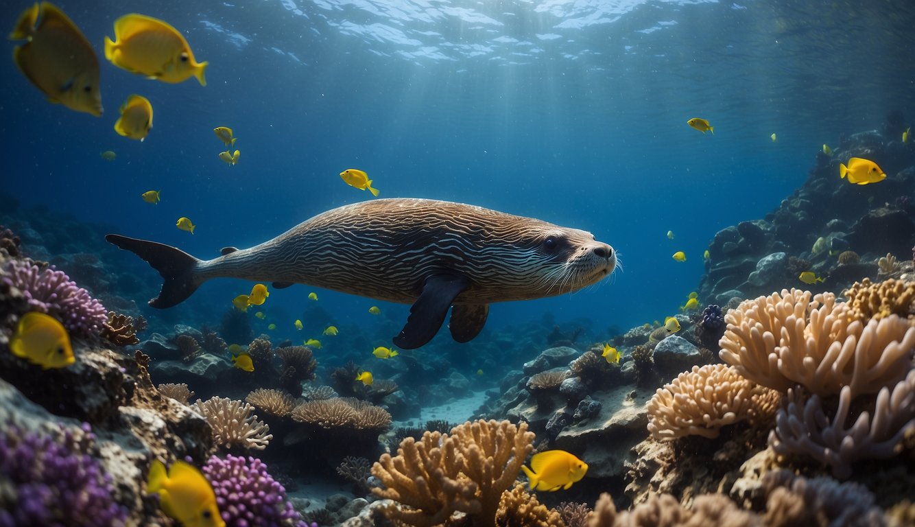 A bustling ocean scene with a tiny, darting sea otter and a massive, graceful blue whale swimming amidst colorful coral reefs and schools of fish