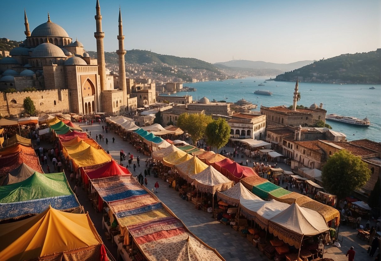 A bustling bazaar with colorful textiles and spices, framed by ancient mosques and towering minarets, set against a backdrop of rolling hills and the sparkling waters of the Bosphorus