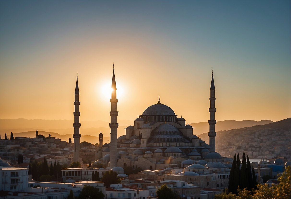 Sunrise over iconic Turkish landmarks, with a clear blue sky and a bustling city below