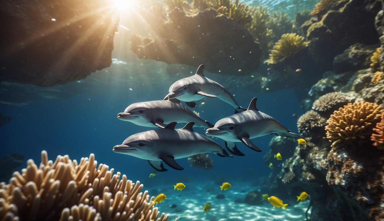 A pod of tiny dolphins playfully darting through crystal clear waters, surrounded by colorful coral and vibrant marine life
