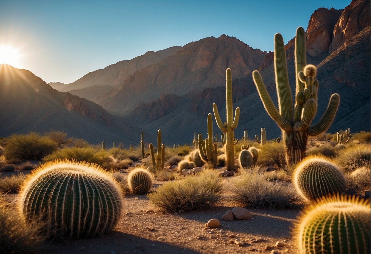 Vibrant desert landscape with blooming cacti, clear blue skies, and a golden sun setting behind rugged mountains