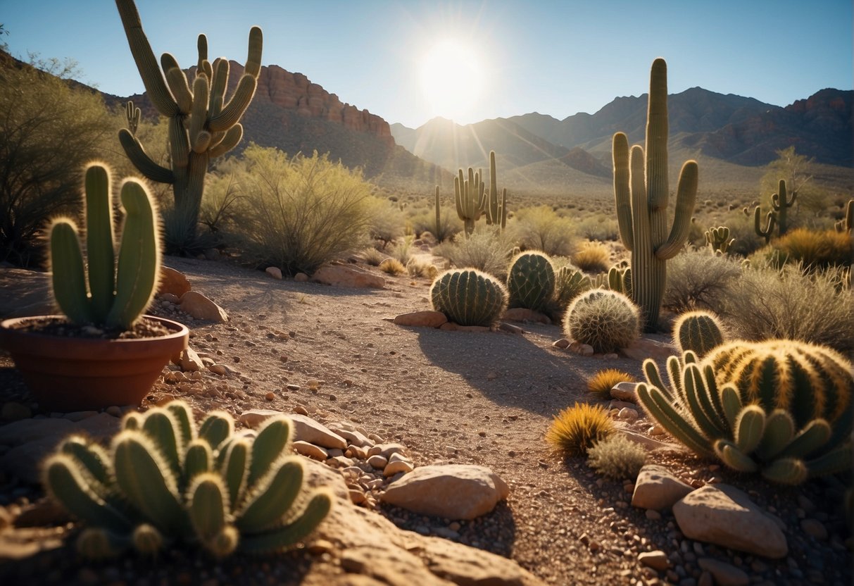 Arizona's desert landscape under a clear blue sky, with cacti and rocky terrain. Sun shining brightly, creating a warm and dry atmosphere