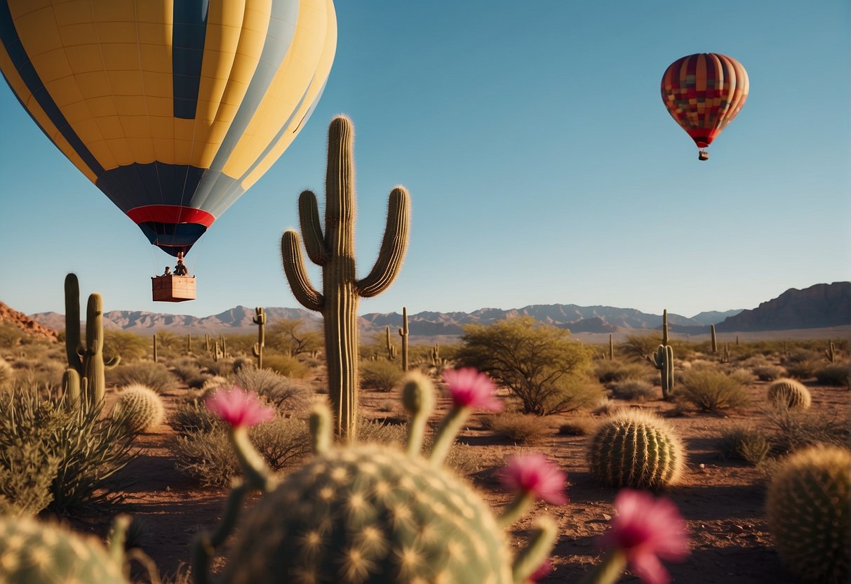 Sunny desert landscape with cacti and blooming wildflowers. Clear blue sky with a hot air balloon floating in the distance