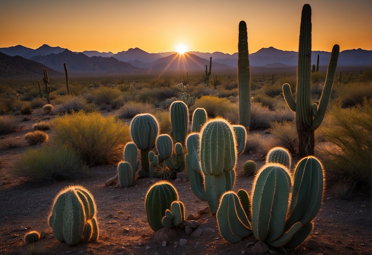 The Arizona landscape glows under a golden sunset, with cacti silhouetted against the colorful sky. A clear, starry night emerges, perfect for stargazing