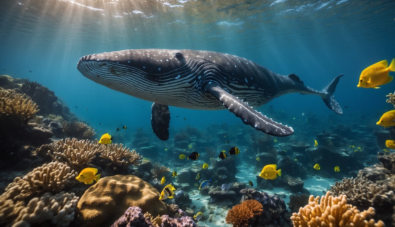 A humpback whale swims gracefully alongside a tiny seahorse, surrounded by vibrant coral reefs and schools of colorful fish