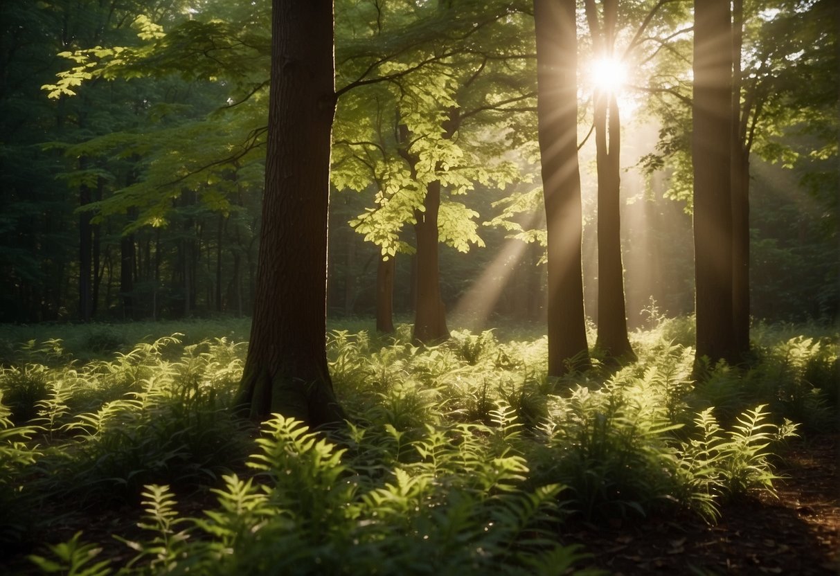 Sunlight filters through lush green trees, casting dappled shadows on the forest floor. A gentle breeze rustles the leaves as birds sing in the distance