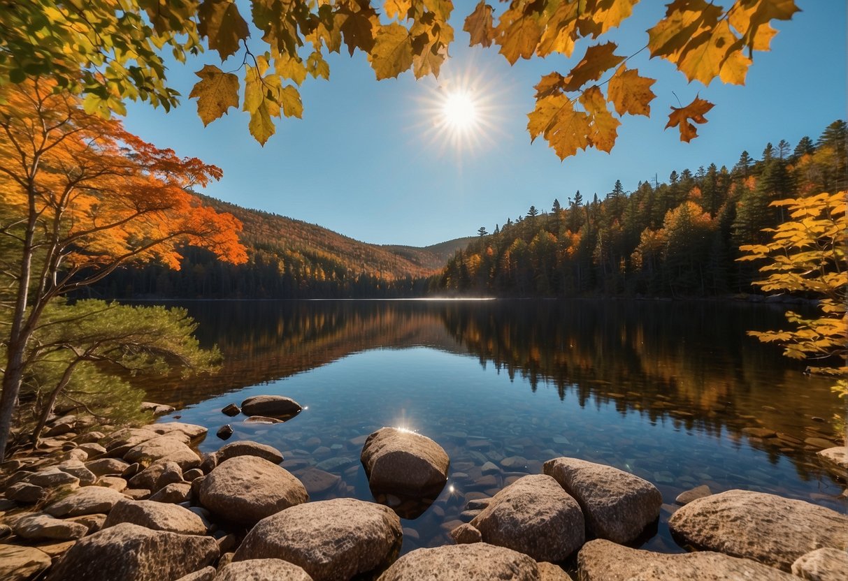 The sun casts a warm glow over the colorful foliage of Acadia National Park. A gentle breeze rustles the leaves as wildlife scurries through the forest. The clear blue sky provides a stunning backdrop for the park's rugged cliffs and serene lakes