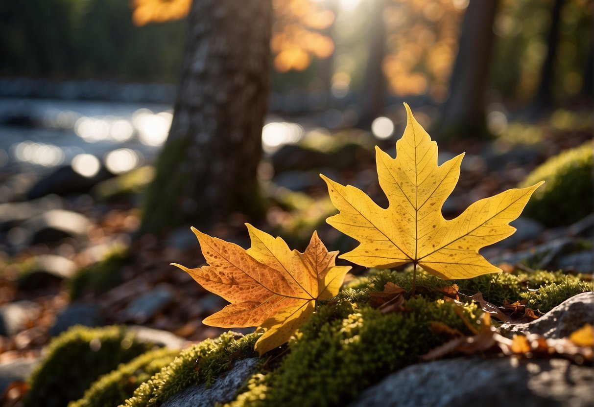 Sunlight filters through colorful autumn leaves in Acadia National Park, casting a warm glow on the picturesque landscape. The crisp air and serene atmosphere make it the perfect time to visit