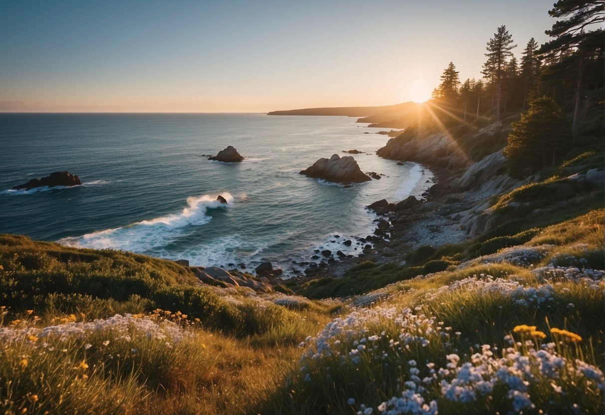 Sunrise over rocky coastline, waves crashing. Pine trees and wildflowers in bloom. Blue skies with scattered clouds. A trail winding through the park