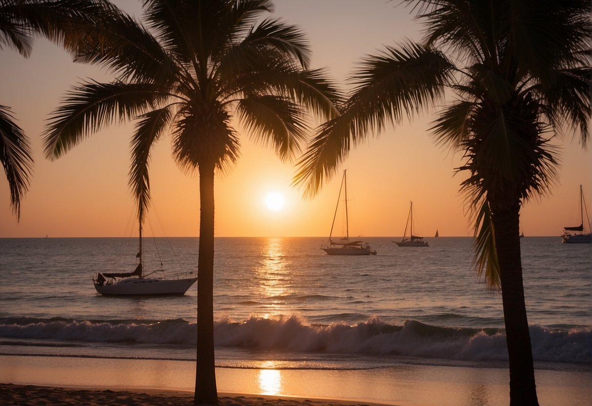 The sun sets over a pink sand beach, casting a warm glow on the crystal-clear waters. Palm trees sway in the gentle breeze as sailboats dot the horizon