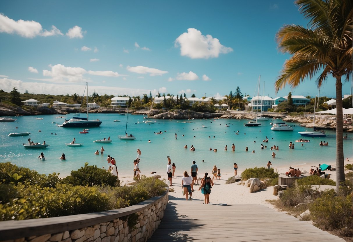 People enjoying outdoor activities in sunny Bermuda, with clear blue skies and calm turquoise waters, while events and festivals fill the air with excitement and vibrancy