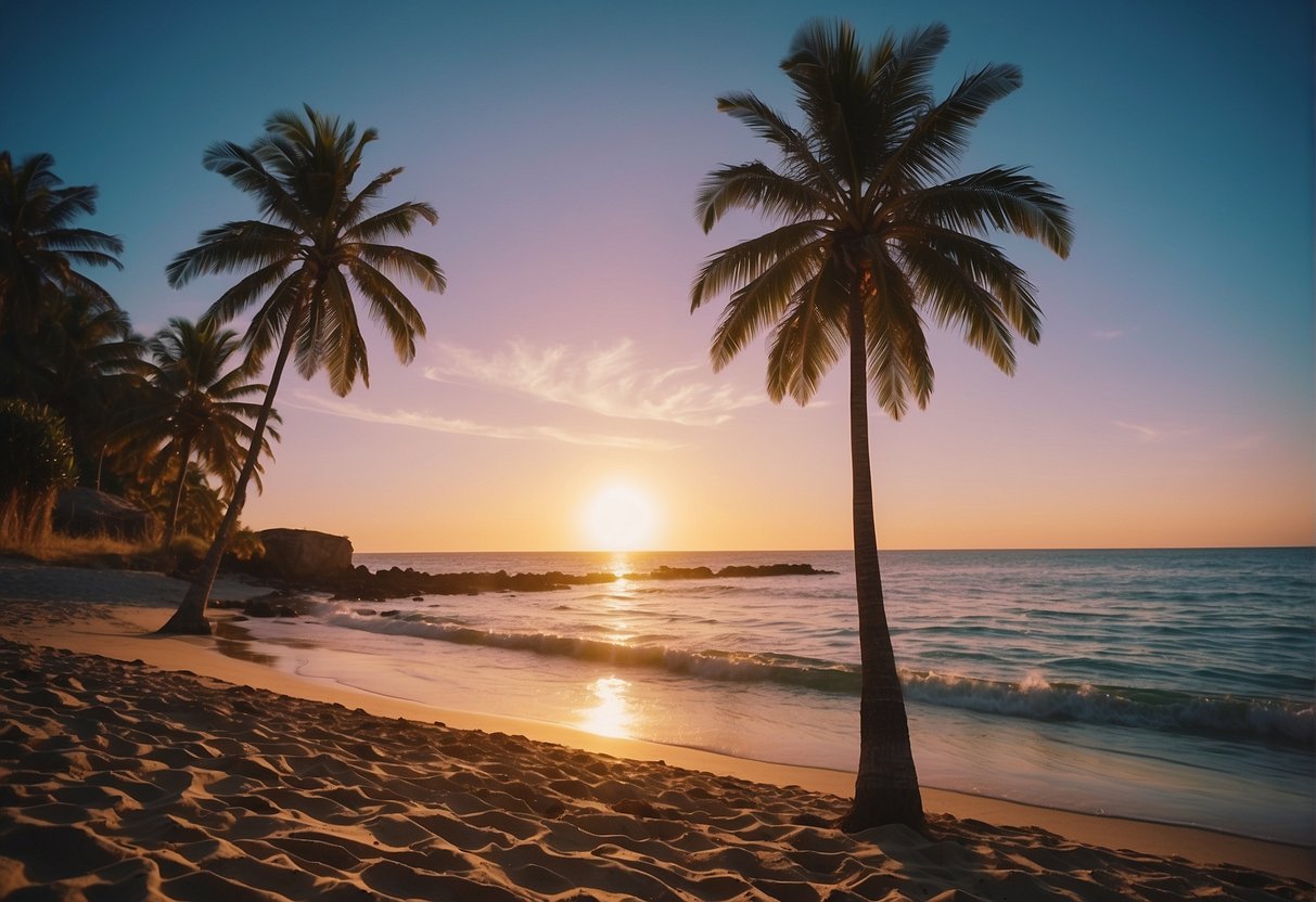 A sunny beach with clear blue waters, palm trees swaying in the gentle breeze, and a colorful sunset in the background