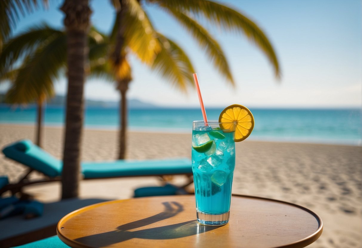 Sunny beach with palm trees, turquoise waters, and clear blue skies. A colorful cocktail sits on a table next to a lounge chair