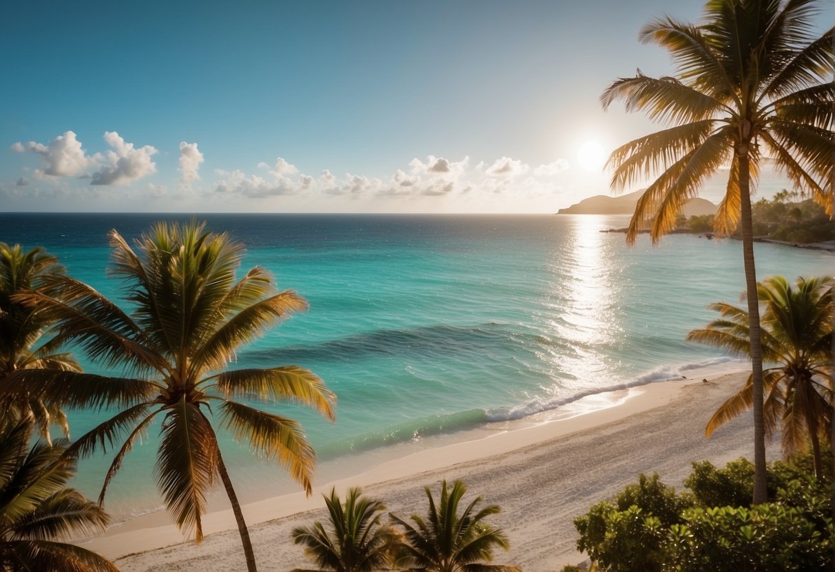 The sun shines brightly over palm trees and turquoise waters, with a gentle breeze blowing through the air. The sky is clear, indicating the perfect weather for travel to the Dominican Republic