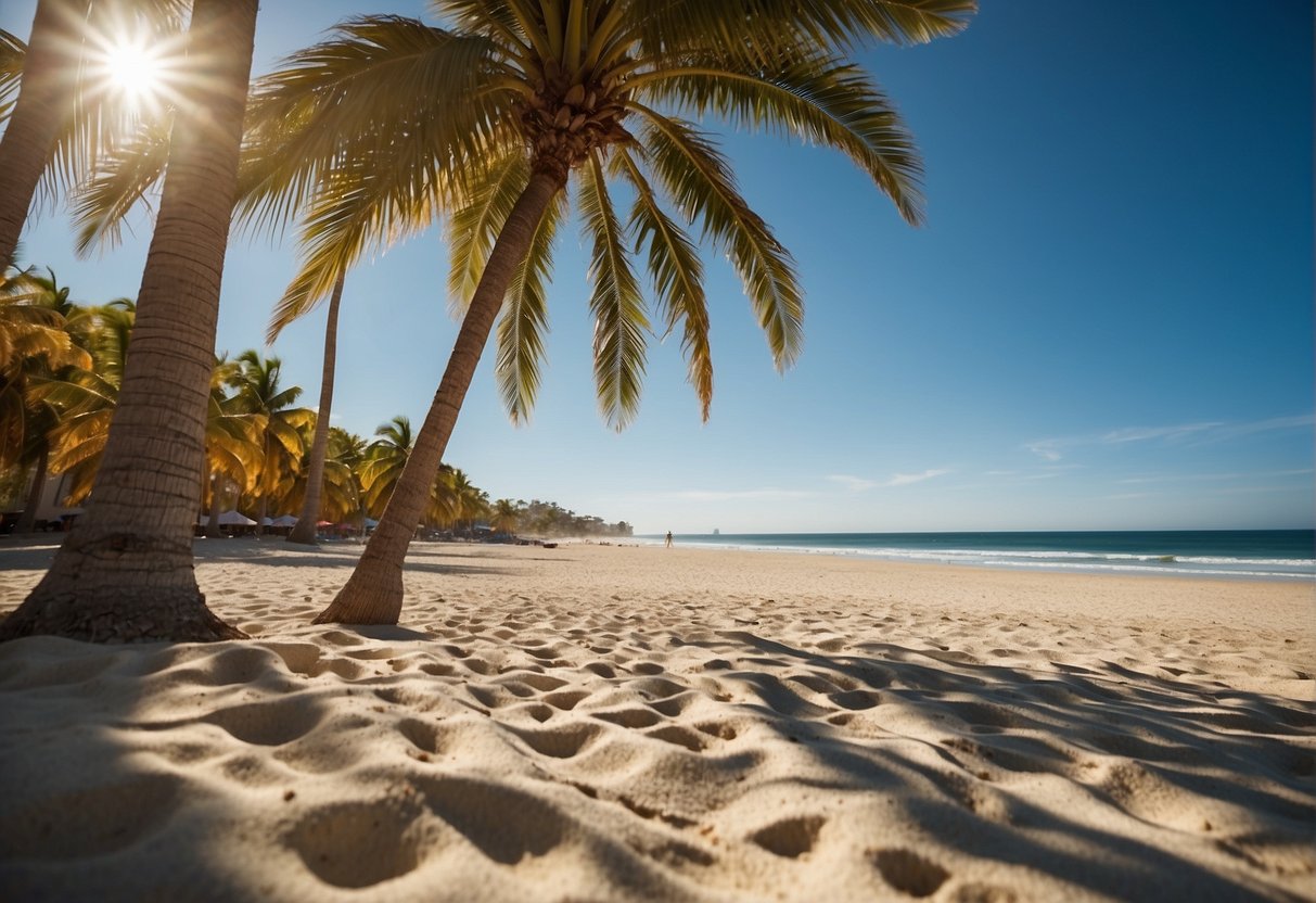 A sunny beach with palm trees, clear blue skies, and a gentle breeze. A calendar showing the months of December to April
