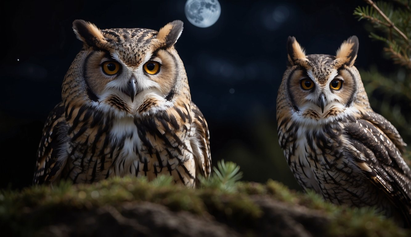 Various nocturnal mammals in their natural habitat, such as owls, bats, and foxes, foraging for food under the moonlit sky