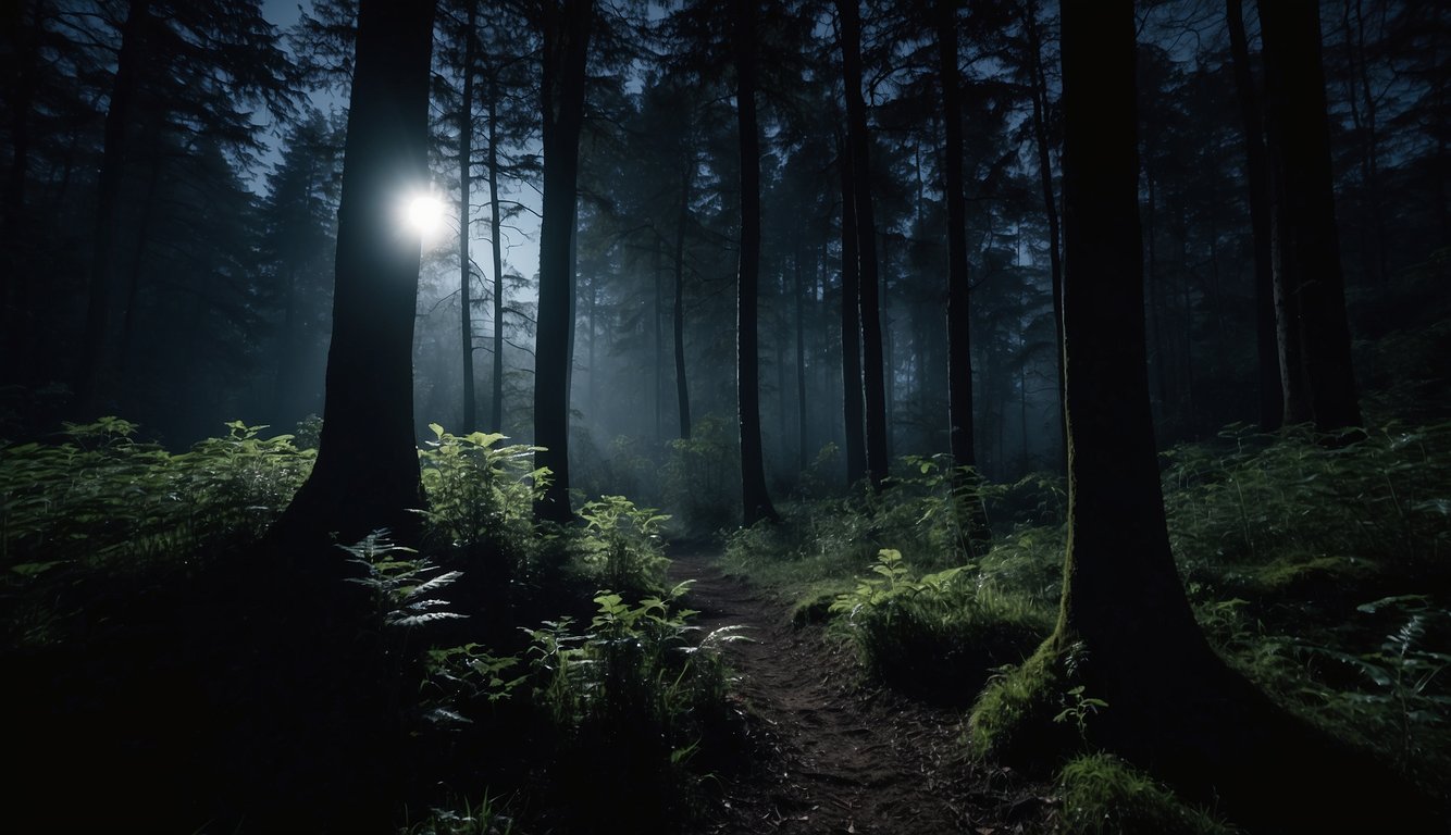 A dense forest at night, with moonlight filtering through the trees.

Small nocturnal mammals, such as bats and owls, are shown hunting for food and navigating their environment in the darkness