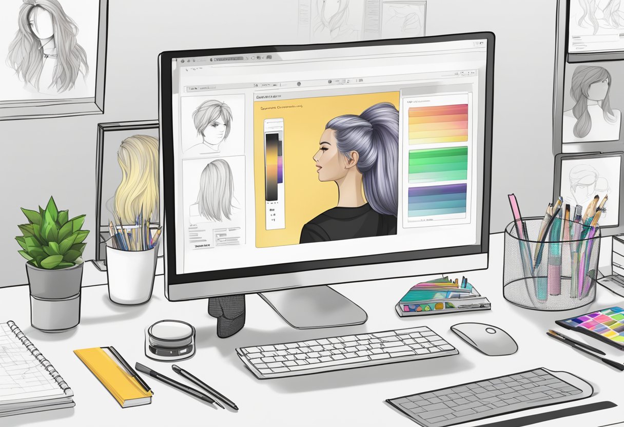 A computer screen with Roblox hair creation tutorial open, surrounded by drawing materials and reference images