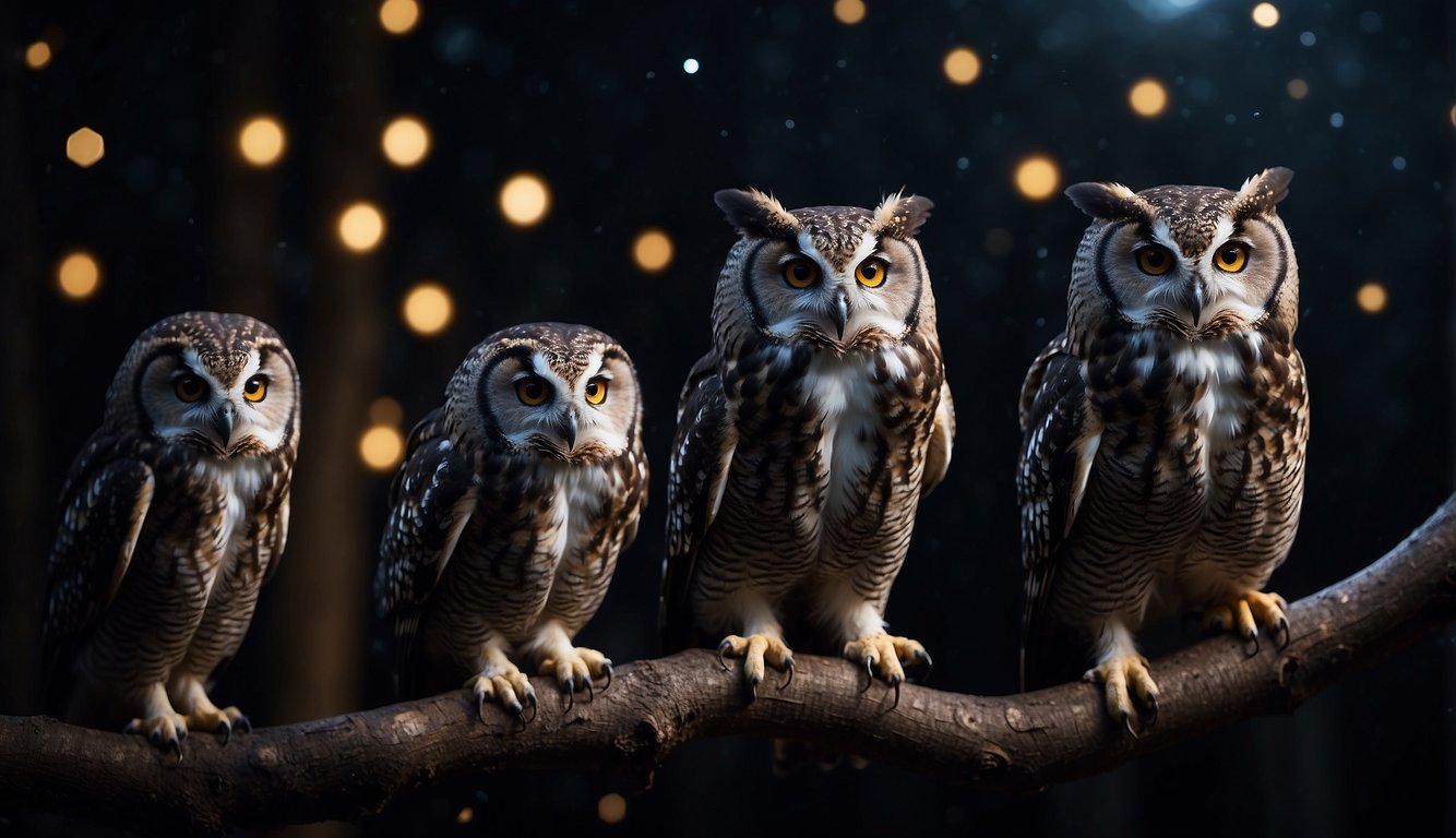 Mammals, including bats and owls, active at night.

Dark background, moonlight, and stars. Illustrate animals in motion