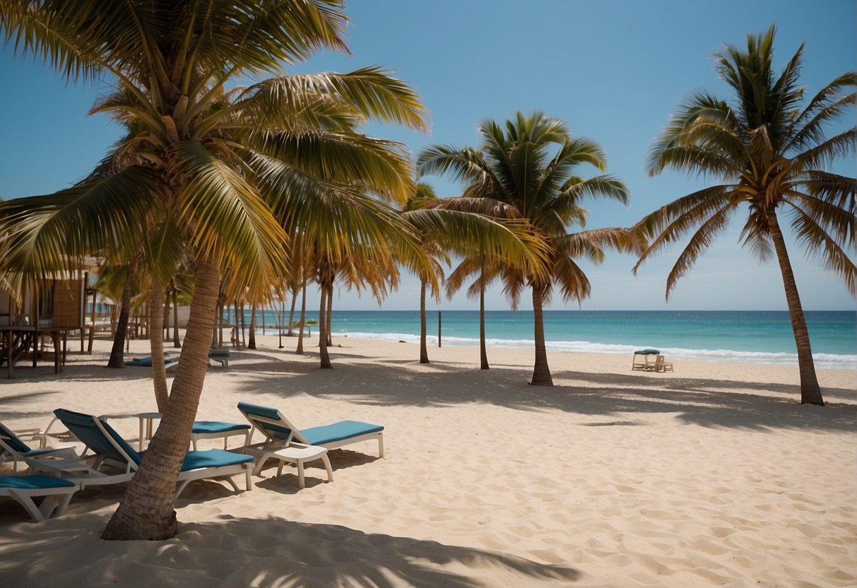 The scene at Playa Punta Esmeralda includes palm trees, beach chairs, umbrellas, a clear blue ocean, and a sandy shoreline