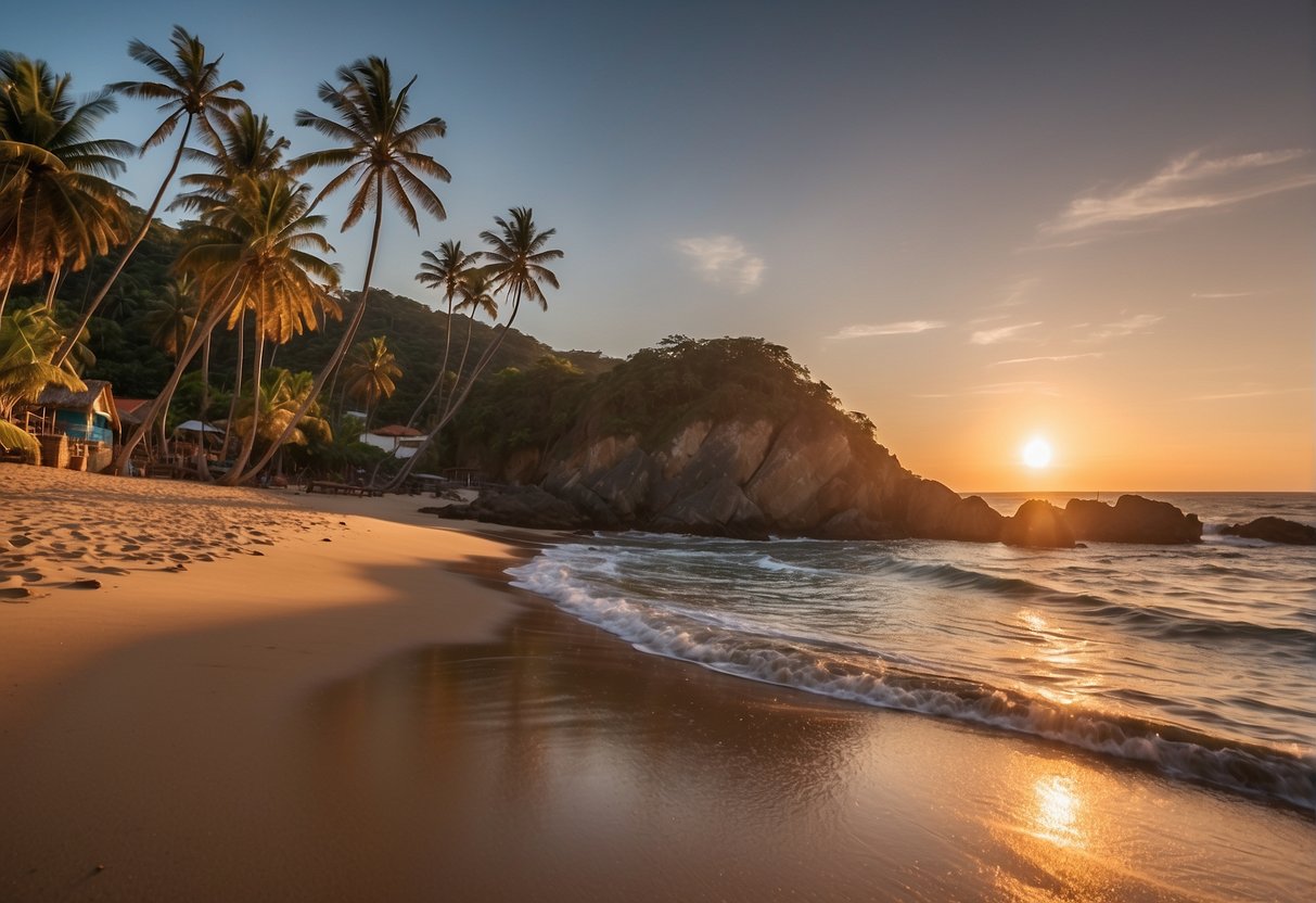 The sun sets over the tranquil beach in Mazunte, Mexico, casting a warm glow on the calm ocean waters and palm-lined shore