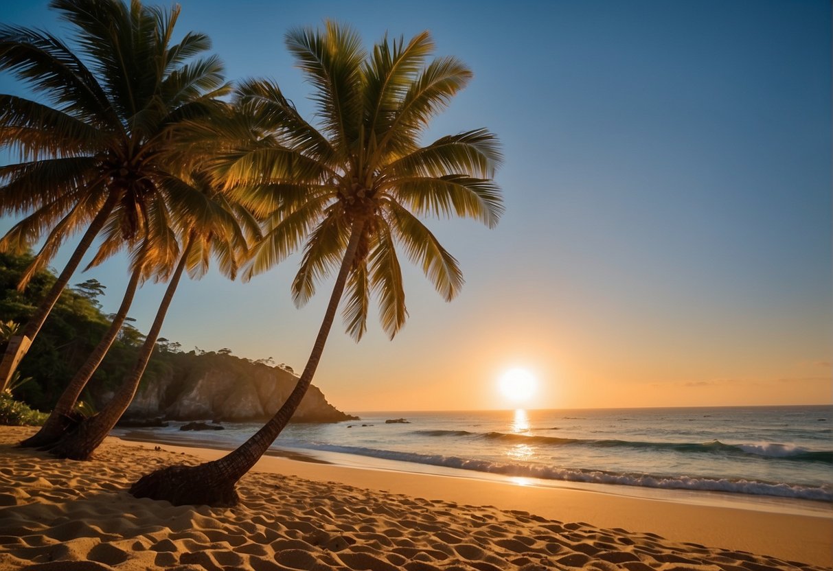 The vibrant colors of Mazunte's beach contrast with the deep blue sea. Palm trees sway in the warm breeze, while the sun sets behind the horizon, casting a golden glow over the tranquil scene
