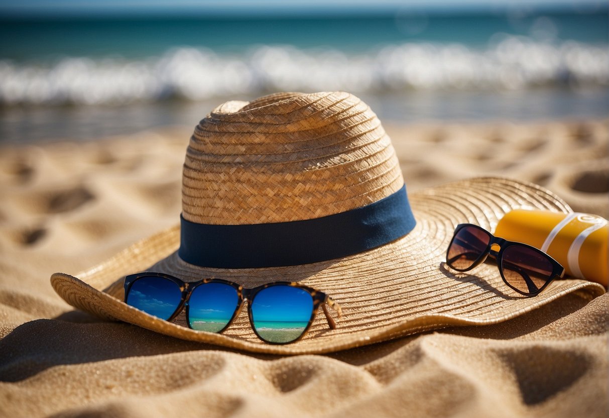 A beach scene with a straw hat, sunglasses, sunscreen, and a beach towel laid out on the sand with the ocean in the background