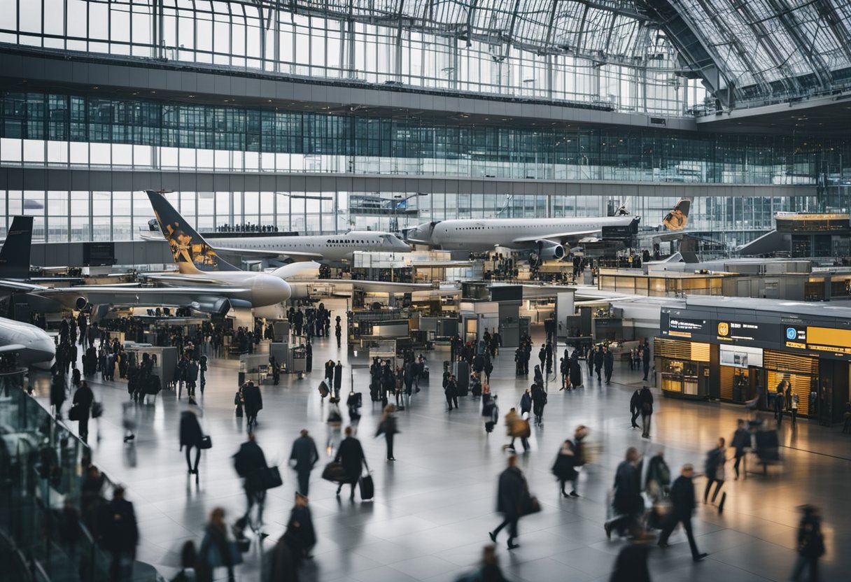 The bustling Berlin airport is filled with travelers and staff, with planes arriving and departing against a backdrop of modern architecture and bustling activity