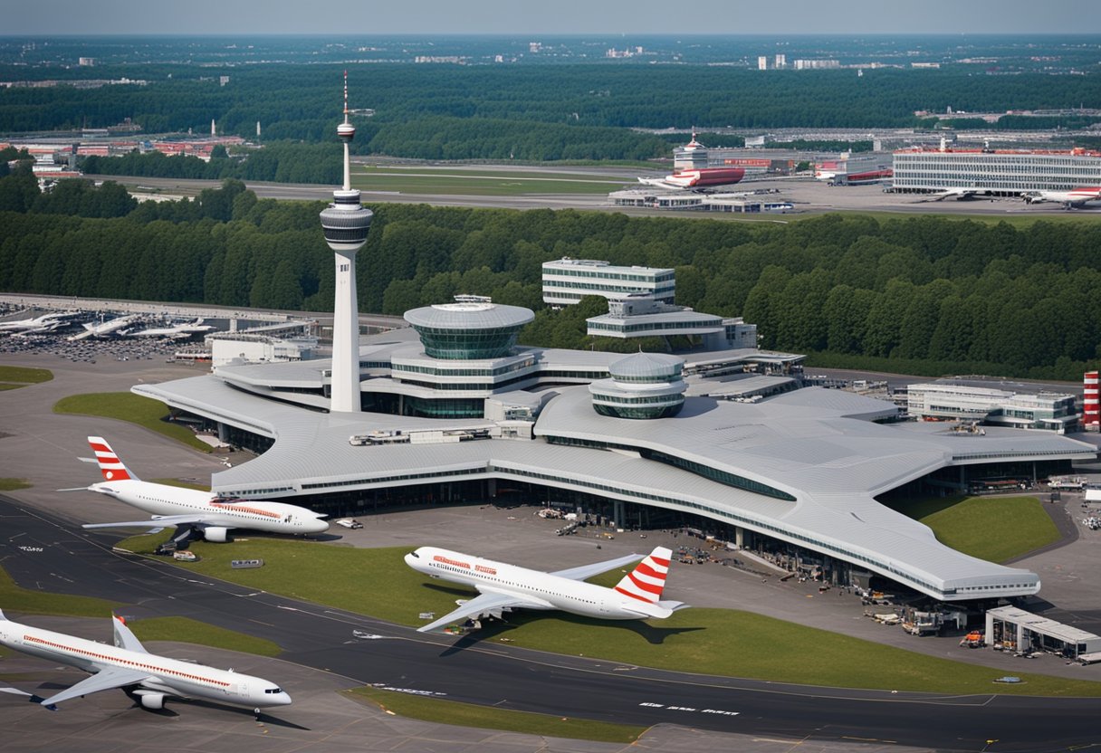 Der historische Flughafen Berlin-Tegel mit seinem markanten sechseckigen Terminalgebäude liegt inmitten von geschäftigem Treiben und Flugzeugen auf dem Rollfeld