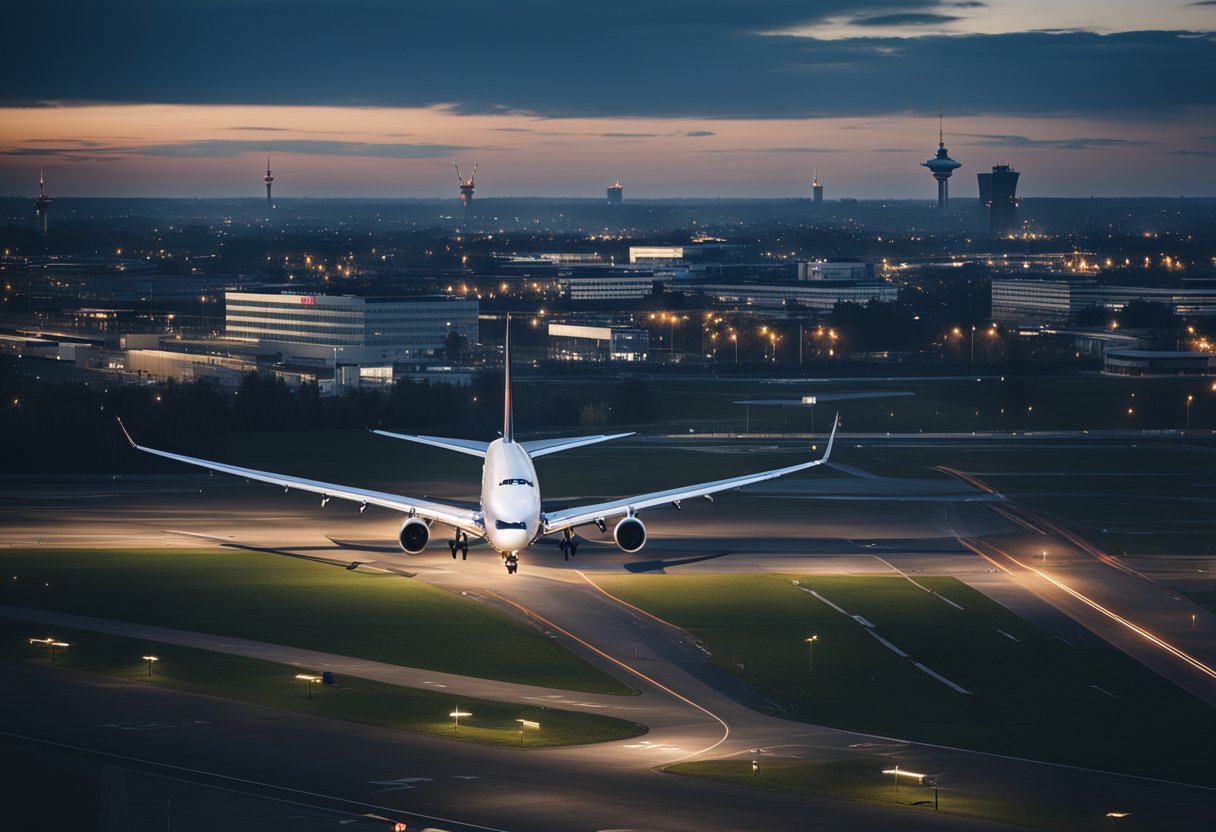 A plane lands at Berlin's Tegel Airport, surrounded by tarmac, runway lights, and distant city skyline