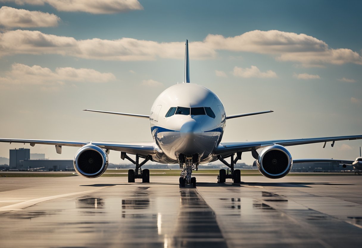 Start- und Landebahn mit geparkten Flugzeugen, Kontrollturm im Hintergrund, Terminals und Hangars sichtbar, Fahrzeuge bewegen sich auf dem Rollfeld, Passagiere steigen ein und aus