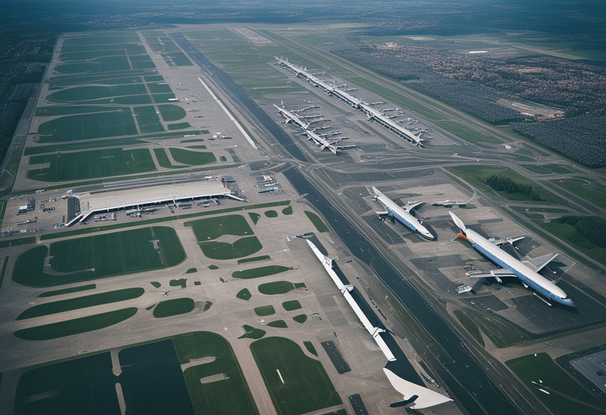 Eine Luftaufnahme der Berliner Flughäfen mit Flugzeugen auf Start- und Landebahnen und Terminals