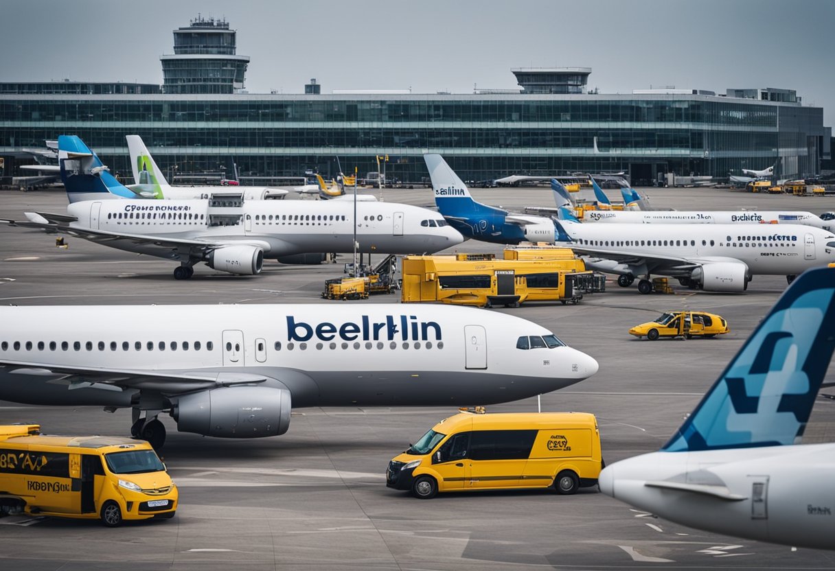 Passengers board planes at Berlin airport, with taxis and buses waiting outside. Nearby, luggage carts and rental cars provide easy accessibility