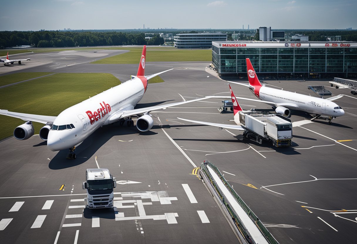 Fahrzeuge und Passagiere bewegen sich reibungslos durch den Flughafen Berlin-Tegel, mit barrierefreien Rampen und klarer Beschilderung zur Navigation