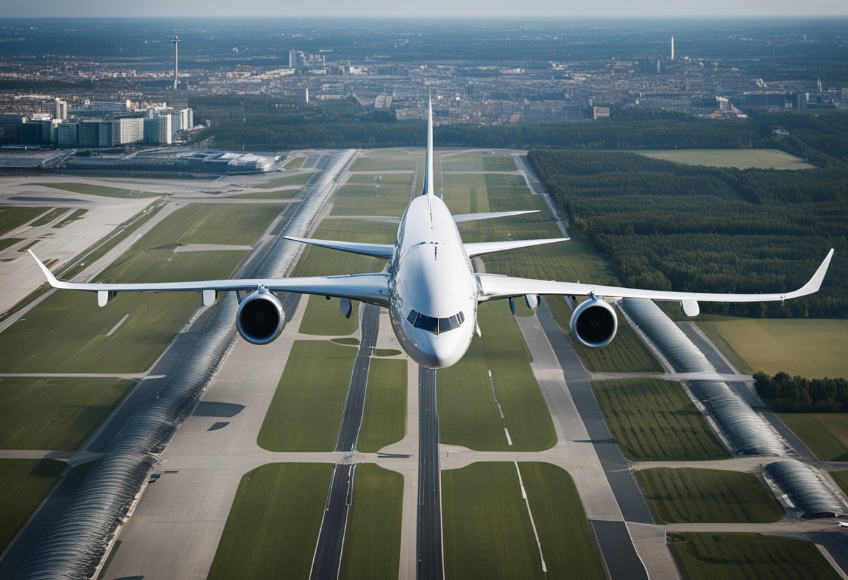 Ein Flugzeug auf dem Weg zum und vom Flughafen BER mit der Berliner Skyline im Hintergrund