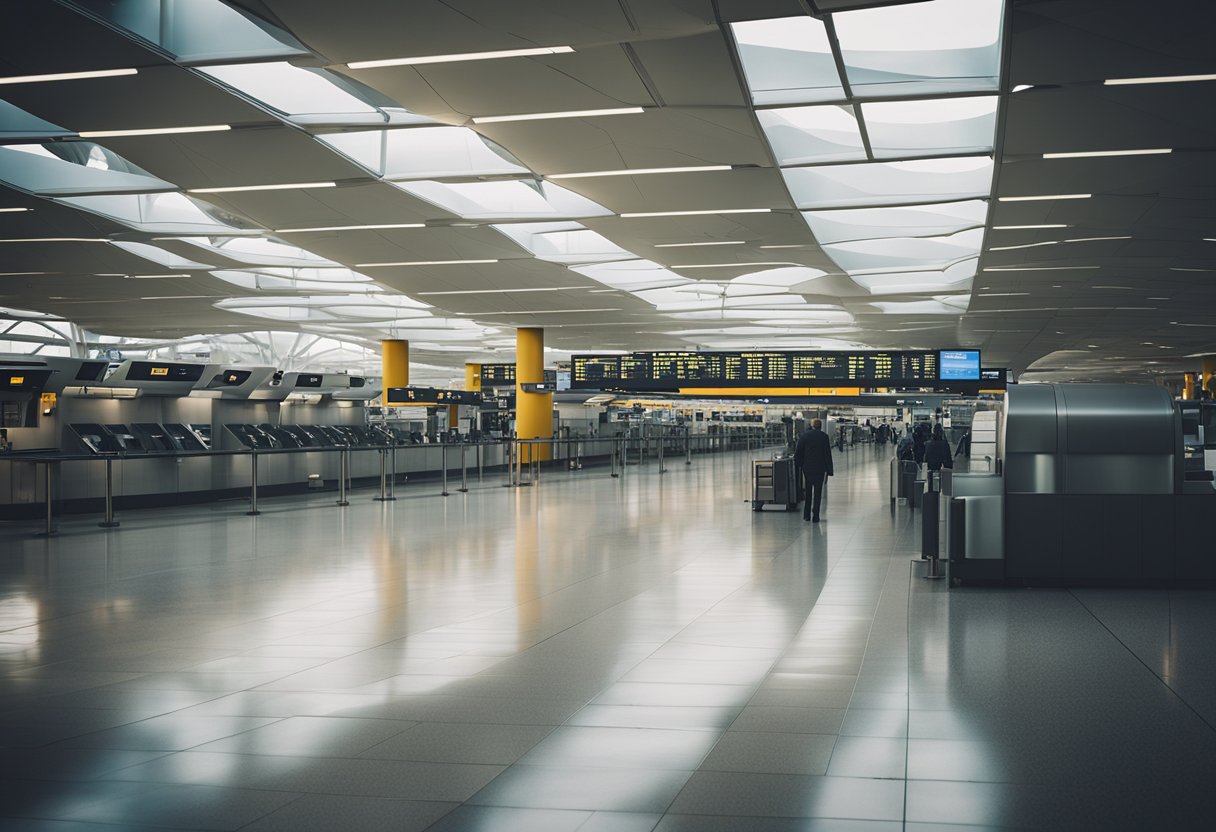 Der geschäftige Flughafen Tegel verwandelt sich in einen ruhigen, verlassenen Ort mit leeren Abfertigungsschaltern und verlassenen Abfluggates