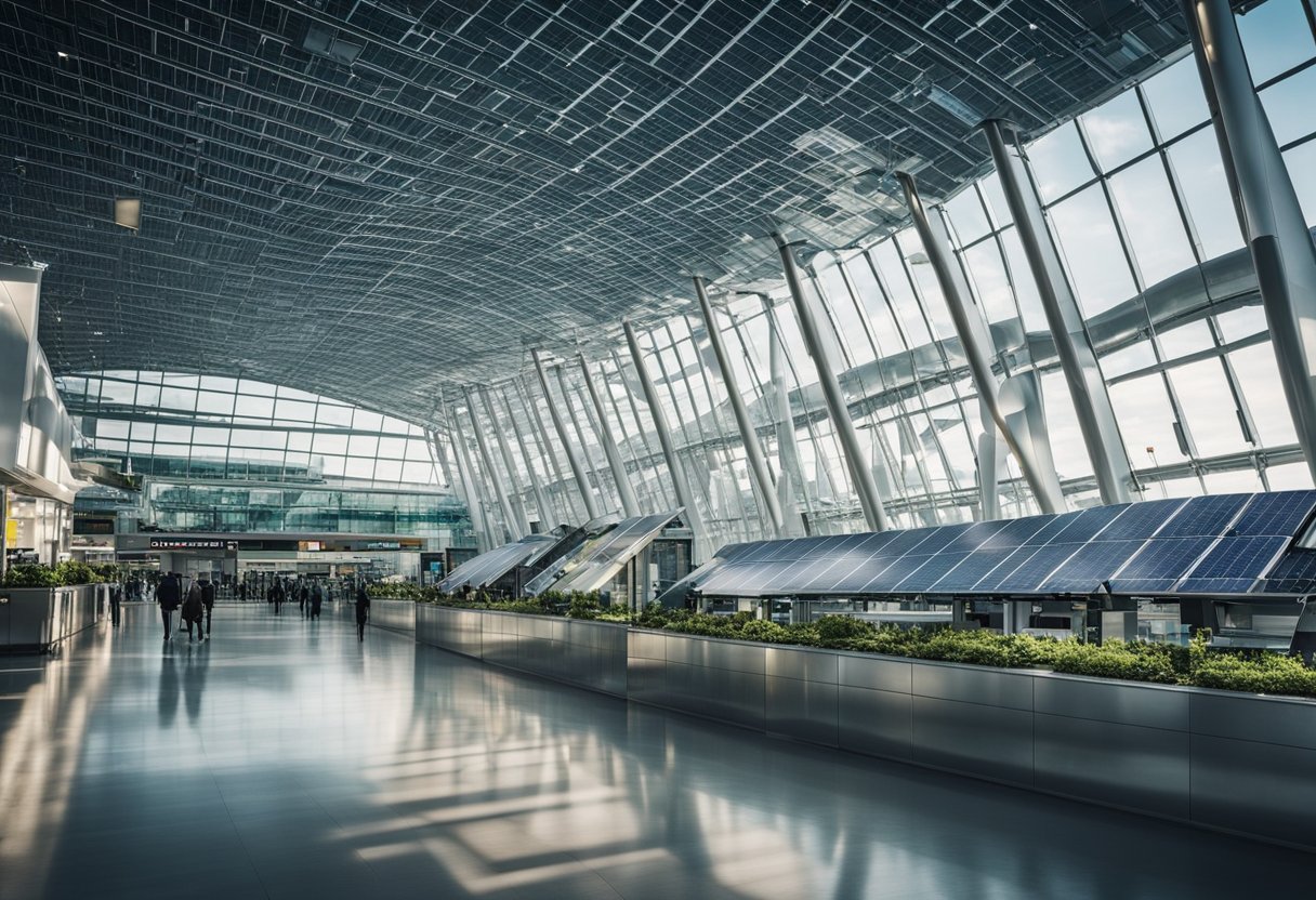 Der geschäftige Flughafen Berlin-Tegel präsentiert moderne Architektur und nachhaltige Energielösungen mit Solarpanelen und Grünflächen, die in das gesamte Terminal integriert sind